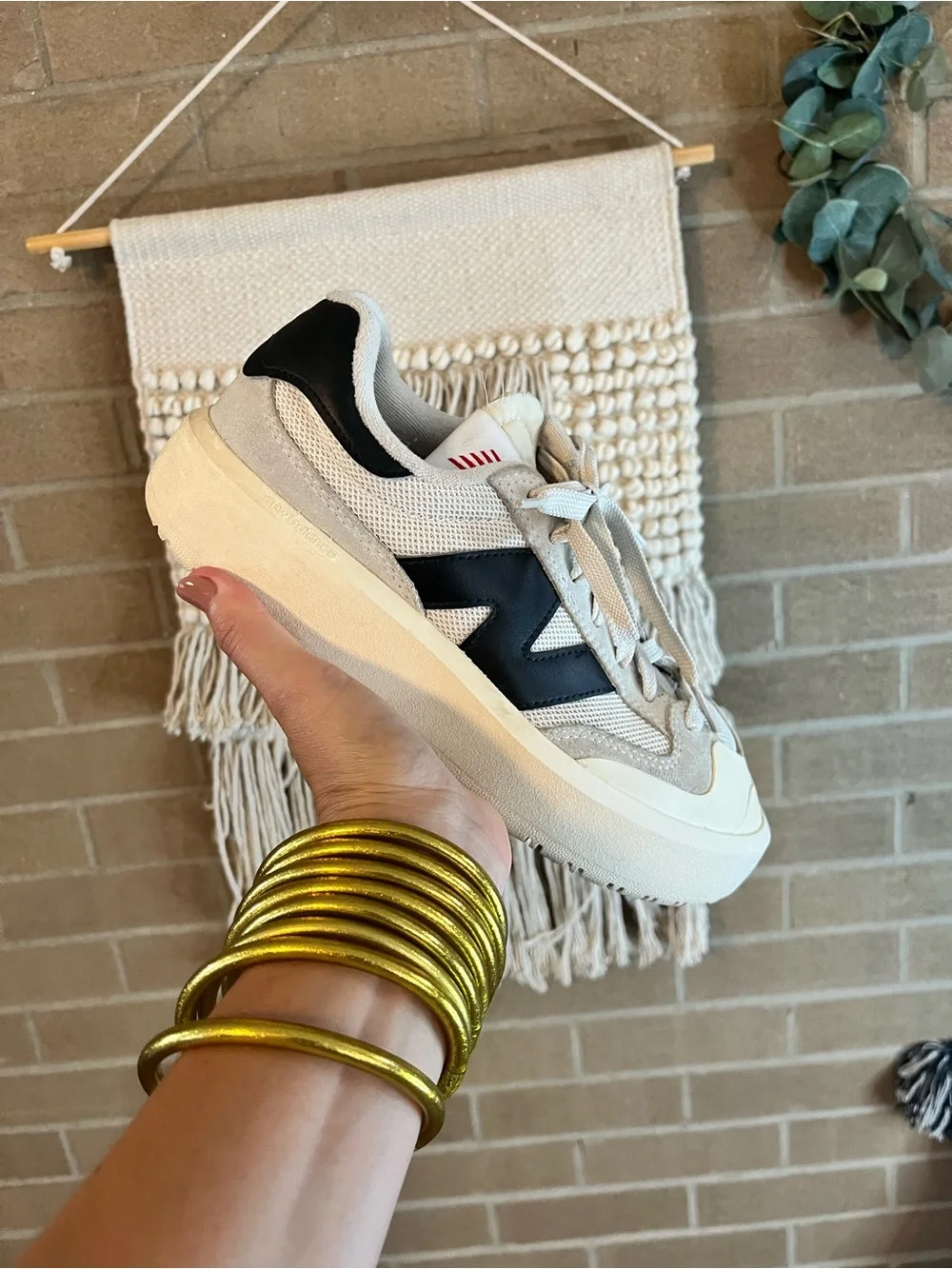 New Balance Women's Cream and Black Retro-Style Sneakers